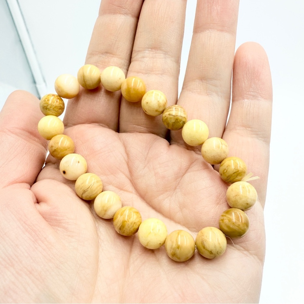 Yellow Serpentine Beaded Bracelet Natural Stone Stretch Bracelet - Picture 4 of 6